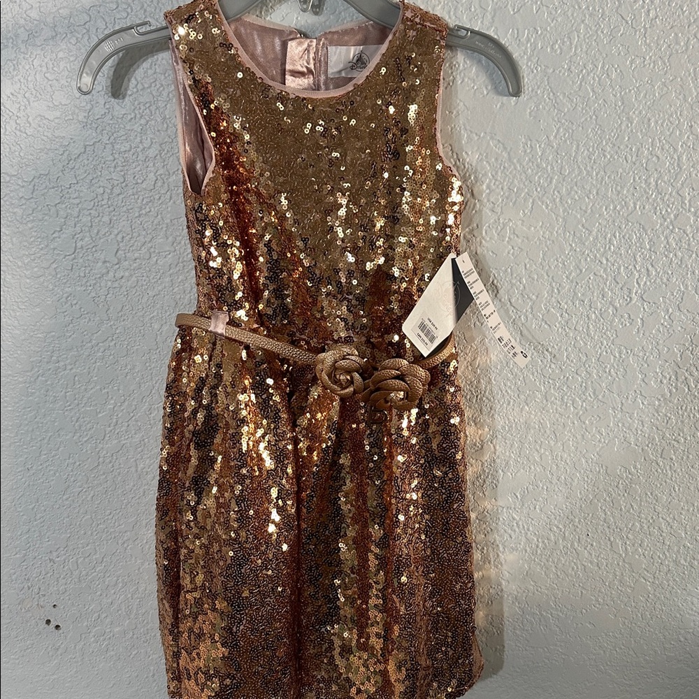 DISNEY Belle Sequin Gold Rose Gold Sleeveless Party A-Line Girl's Dress 5/6 NWT